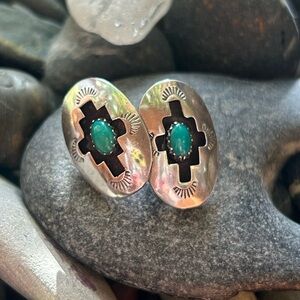 Concho Sterling Silver Shadow Box Turquoise Oval Earrings